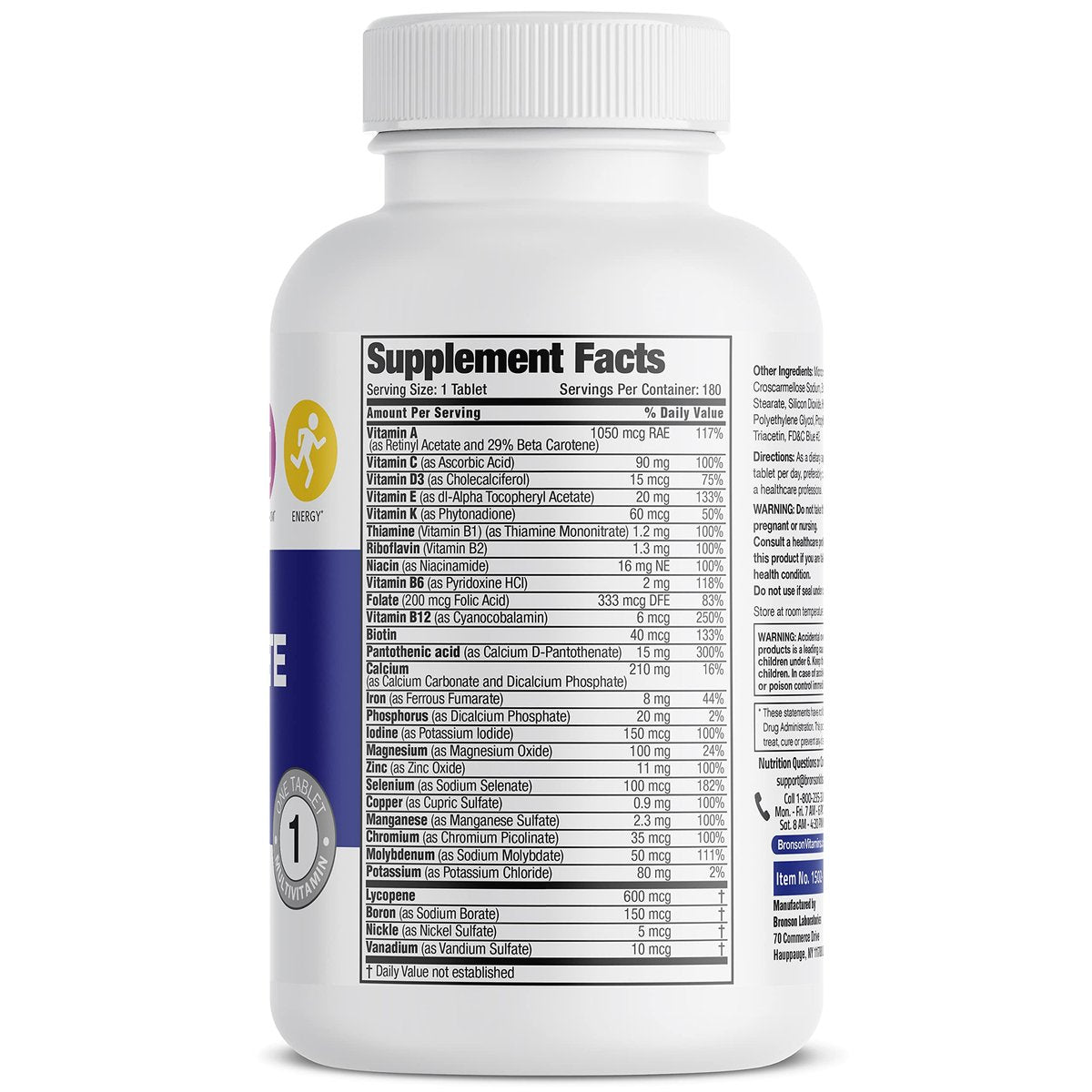 Bronson ONE Daily Men’s Complete Multivitamin Multimineral Once-Daily Multi für aktive Männer, 180 Tabletten