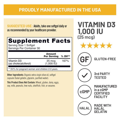 NatureWise Vitamin D3 1000 IE (25 µg) 30-Tage-Vorrat für Immununterstützung, gesunde Muskelfunktion und Knochengesundheit – Non-GMO, glutenfrei in organischem extra nativem Olivenöl (Mini-Weichkapseln), 30 Stück