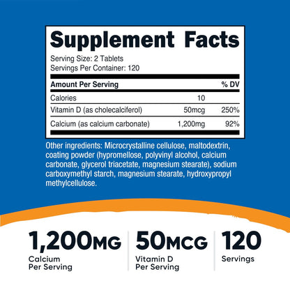 Nutricost Calcium mit Vitamin D, 240 Tabletten - Calcium (1200 mg) + Vitamin D (50 µg) pro Portion - Non-GMO, Glutenfrei