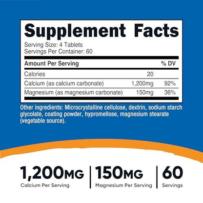 Nutricost Calcium & Magnesium Carbonat 240 Tabletten, 1200mg Ca & 150mg Mg pro Portion, 60 Portionen - Glutenfrei, Non-GMO