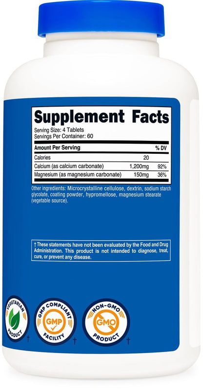 Nutricost Calcium & Magnesium Carbonat 240 Tabletten, 1200mg Ca & 150mg Mg pro Portion, 60 Portionen - Glutenfrei, Non-GMO