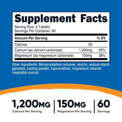 Nutricost Calcium & Magnesium Carbonat 240 Tabletten, 1200mg Ca & 150mg Mg pro Portion, 60 Portionen - Glutenfrei, Non-GMO