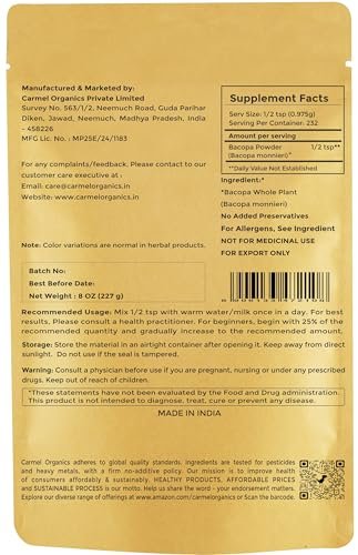 CARMEL ORGANICS Bacopa Monnieri / Brahmi Pulver – 227 g (8 Unzen) – Reines & natürliches Bacopa-Pulver, Non-GMO, ohne Zusatzstoffe