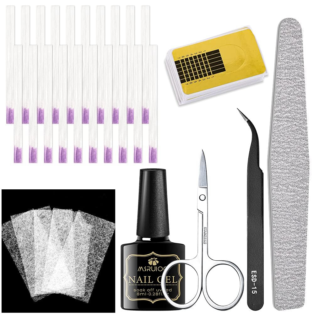 Fiberglas-Nagelverlängerungs-Gel-Kit – Gel-Nagel-Builder mit magischer Seidenfaser, schnelles Aufbau-Gel, Nagelfeile, Pinzette, Schere, Nagelformen für Gel-Verlängerungs-Nagelkunst