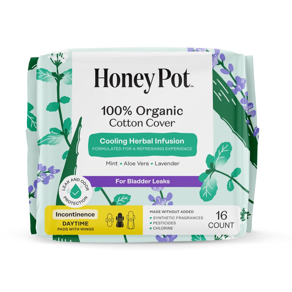 The Honey Pot Company - Kräuterpads für Frauen - Bio Inkontinenz Tagespads mit Flügeln. Angereichert mit ätherischen Ölen für kühlenden Effekt & Postpartum Essentials - Damenhygiene - 16 Stk.