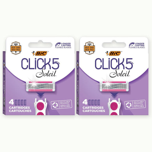 BIC Click 5 Soleil Damenrasierer Nachfüllklingen mit 5 flexiblen Klingen und recyclebarer Verpackung, Rosa, 8 Stück