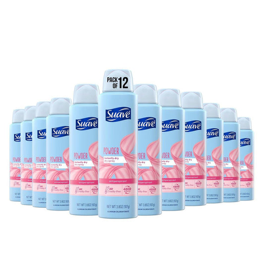 Suave Trockenspray Antitranspirant Deodorant für schnellen und einfachen Schweißschutz, Puderfrisch, 48-Stunden-Schutz, 3,8 oz, 12er-Pack