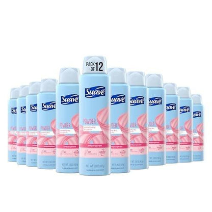 Suave Trockenspray Antitranspirant Deodorant für schnellen und einfachen Schweißschutz, Puderfrisch, 48-Stunden-Schutz, 3,8 oz, 12er-Pack