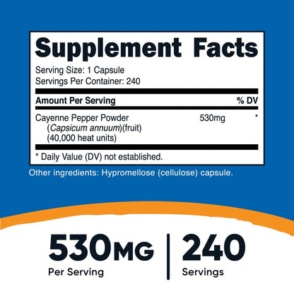 Nutricost Cayenne Pfeffer 530mg, 240 Kapseln - 40.000 Hitzeeinheiten, Glutenfrei, Nicht-GVO