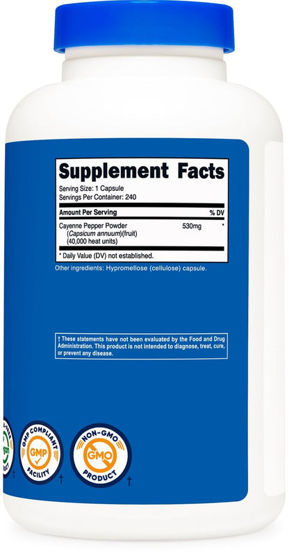 Nutricost Cayenne Pfeffer 530mg, 240 Kapseln - 40.000 Hitzeeinheiten, Glutenfrei, Nicht-GVO