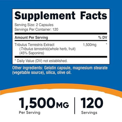 Nutricost Tribulus Terrestris Extrakt 1500mg, 240 Kapseln - 45% Saponine, 120 Portionen, Non-GMO, Glutenfrei