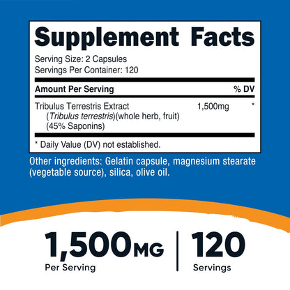 Nutricost Tribulus Terrestris Extrakt 1500mg, 240 Kapseln - 45% Saponine, 120 Portionen, Non-GMO, Glutenfrei