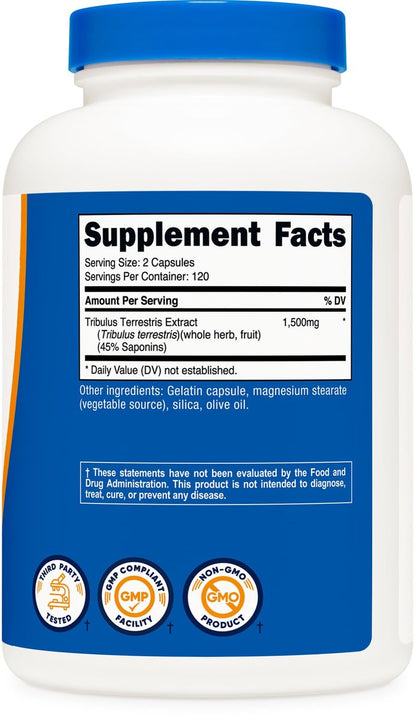 Nutricost Tribulus Terrestris Extrakt 1500mg, 240 Kapseln - 45% Saponine, 120 Portionen, Non-GMO, Glutenfrei
