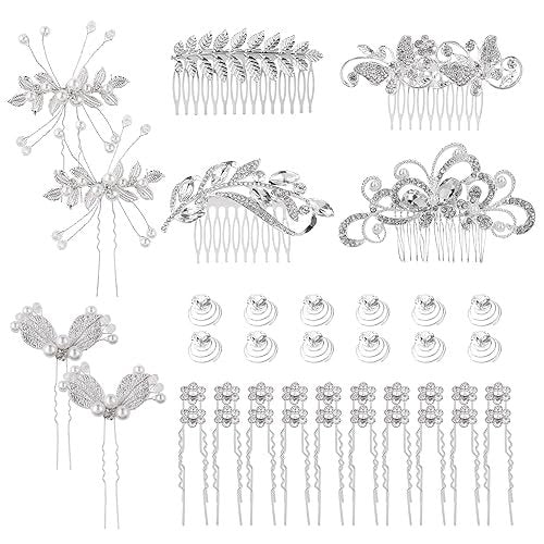 40er-Pack Cinaci Silberne Strass-Schmetterling-Blatt-Blumen Haarschmuck: Haarkämme, U-förmige & Twist-Haarnadeln, Clips, Barrettes für Hochzeiten – Accessoires für Frauen, Bräute & Brautjungfern
