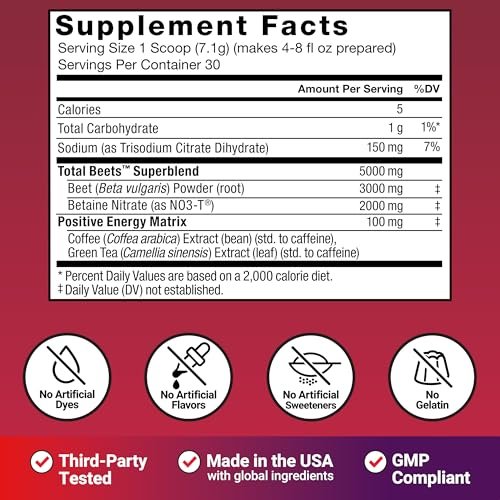 Force Factor Total Beets Energy Drink Mix – Rote-Bete-Pulver mit Nitraten für mehr Energie, Durchblutung und Ausdauer – Herzgesundheit – 30 Portionen