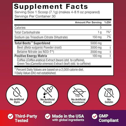 Force Factor Total Beets Energy Drink Mix – Rote-Bete-Pulver mit Nitraten für mehr Energie, Durchblutung und Ausdauer – Herzgesundheit – 30 Portionen