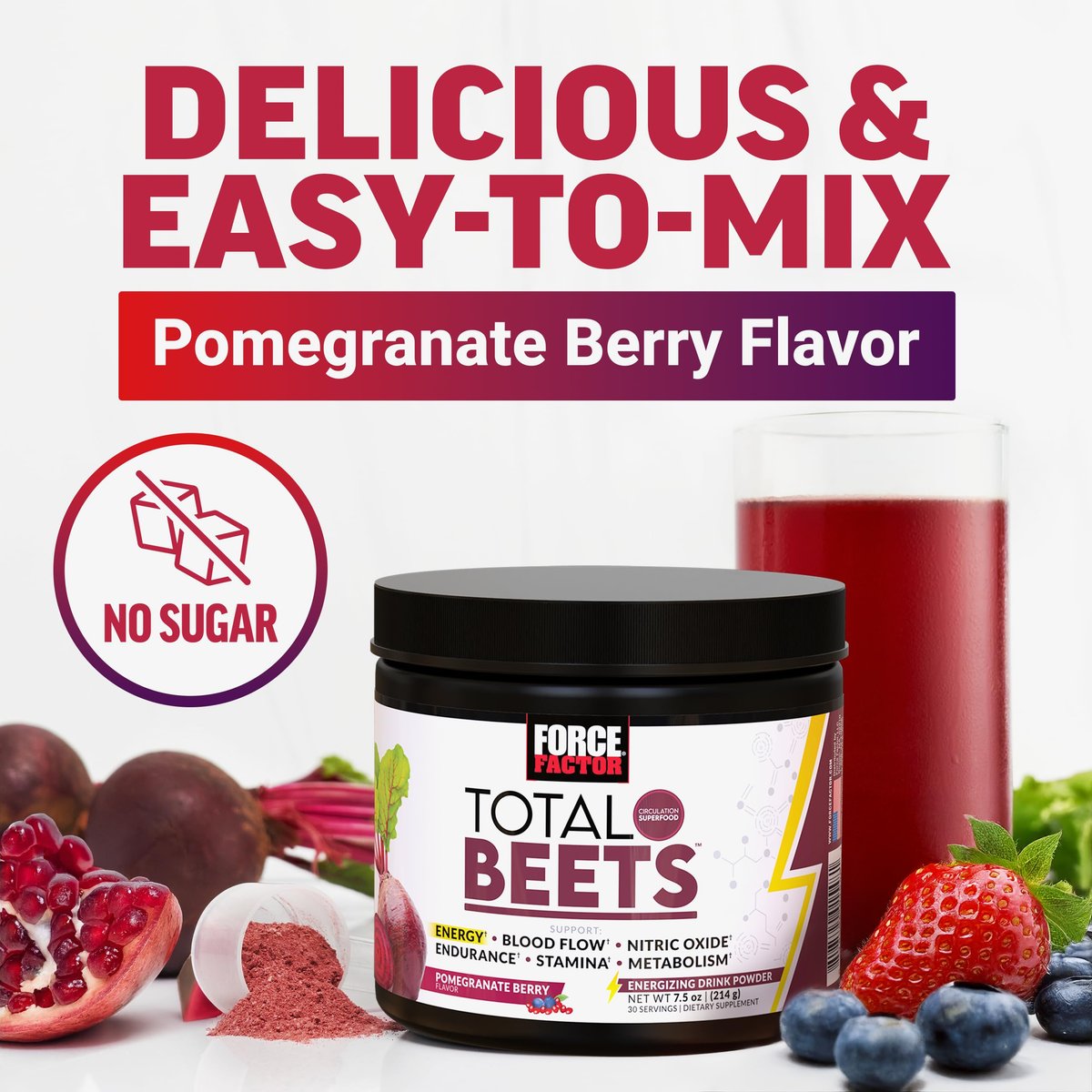 Force Factor Total Beets Energy Drink Mix – Rote-Bete-Pulver mit Nitraten für mehr Energie, Durchblutung und Ausdauer – Herzgesundheit – 30 Portionen