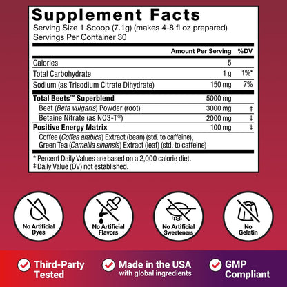 Force Factor Total Beets Energy Drink Mix – Rote-Bete-Pulver mit Nitraten für mehr Energie, Durchblutung und Ausdauer – Herzgesundheit – 30 Portionen