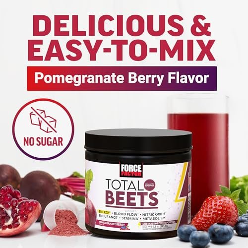 Force Factor Total Beets Energy Drink Mix – Rote-Bete-Pulver mit Nitraten für mehr Energie, Durchblutung und Ausdauer – Herzgesundheit – 30 Portionen