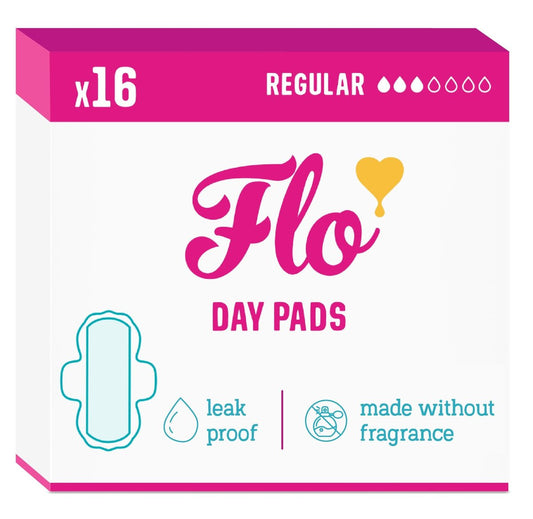 Flo - Day Menstrual Pads (16er Pack) - Bio-Bambus Periodenbinden für Frauen - Regelmäßiger Fluss - Leckverschluss - Mit Flügeln, ultradünn - Saugfähig, weich & atmungsaktiv - Auf Pflanzenbasis – Vegan, tierversuchsfrei