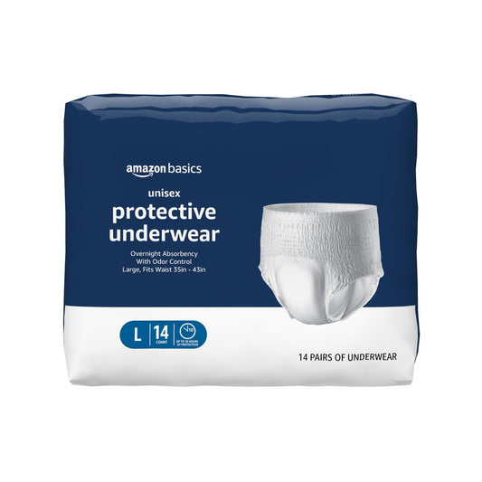 Amazon Basics Unisex Inkontinenz-Schutzunterwäsche für Erwachsene, saugstark für die Nacht, feuchtigkeitsableitend, weich, latexfrei, Large, 14 Stück