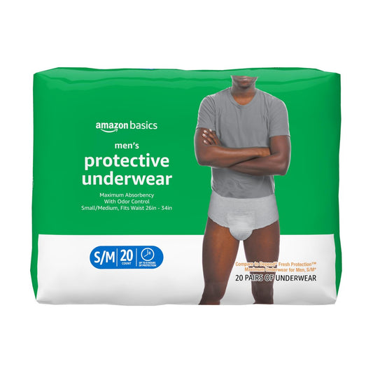 Amazon Basics Inkontinenzunterwäsche für Männer mit maximaler Saugfähigkeit, Auslaufschutz, Dri-Fit-Technologie, Geruchskontrolle, Baumwollverstärkt, Small/Medium, 20 Stück