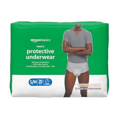 Amazon Basics Inkontinenzunterwäsche für Männer mit maximaler Saugfähigkeit, Auslaufschutz, Dri-Fit-Technologie, Geruchskontrolle, Baumwollverstärkt, Small/Medium, 20 Stück