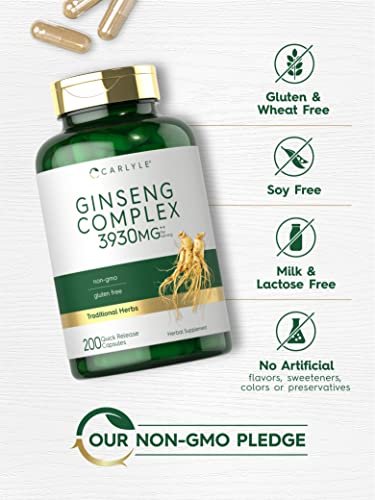 Carlyle Ginseng Komplex Kapseln | 200 Stück | Traditionelles pflanzliches Wurzelextrakt | Non-GMO und glutenfrei