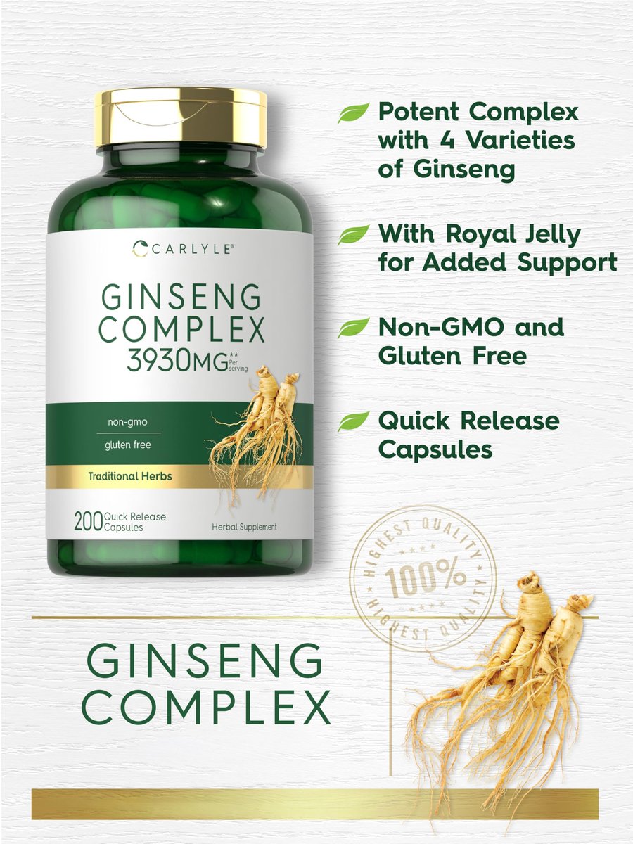 Carlyle Ginseng Komplex Kapseln | 200 Stück | Traditionelles pflanzliches Wurzelextrakt | Non-GMO und glutenfrei