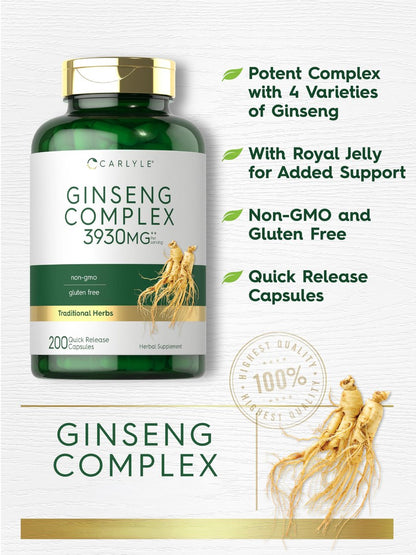 Carlyle Ginseng Komplex Kapseln | 200 Stück | Traditionelles pflanzliches Wurzelextrakt | Non-GMO und glutenfrei