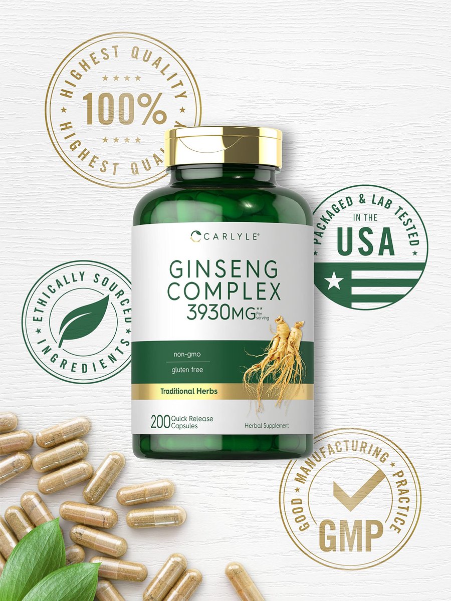 Carlyle Ginseng Komplex Kapseln | 200 Stück | Traditionelles pflanzliches Wurzelextrakt | Non-GMO und glutenfrei