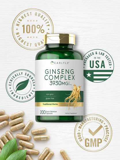 Carlyle Ginseng Komplex Kapseln | 200 Stück | Traditionelles pflanzliches Wurzelextrakt | Non-GMO und glutenfrei