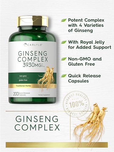 Carlyle Ginseng Komplex Kapseln | 200 Stück | Traditionelles pflanzliches Wurzelextrakt | Non-GMO und glutenfrei