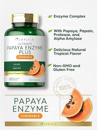 Carlyle Papaya-Enzym-Kautabletten | Vegetarisch, Nicht-GVO, Glutenfrei | Tropischer Geschmack | 300 Tabletten