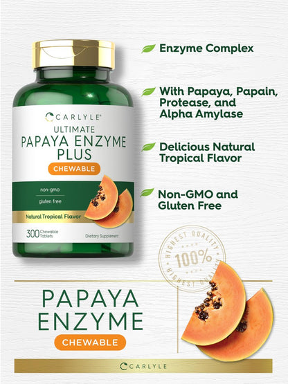 Carlyle Papaya-Enzym-Kautabletten | Vegetarisch, Nicht-GVO, Glutenfrei | Tropischer Geschmack | 300 Tabletten