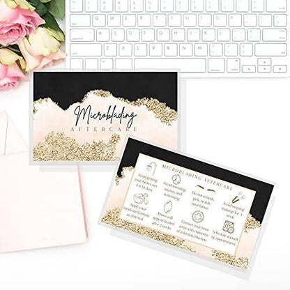 Microblading Aftercare Karten | 50 Stück | 2x3,5 Zoll Business Card | PMU Pink, Schwarz, Gold Design