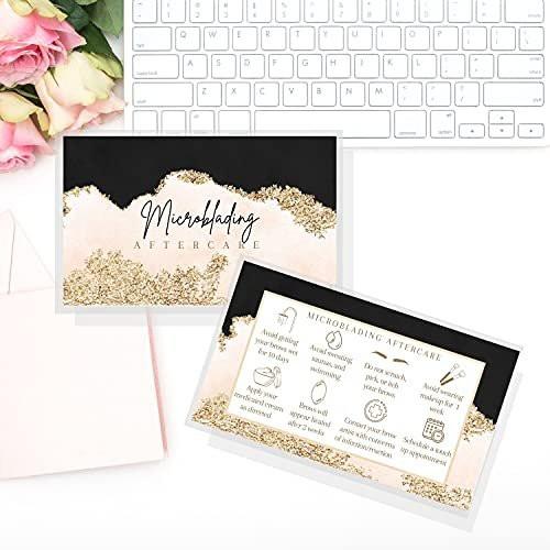 Microblading Aftercare Karten | 50 Stück | 2x3,5 Zoll Business Card | PMU Pink, Schwarz, Gold Design