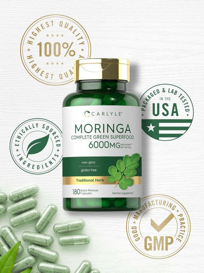 Carlyle Moringa Oleifera Kapseln | 180 Kapseln | Komplettes grünes Superfood für Frauen und Männer | aus Moringa-Blattpulver | Non-GMO und Glutenfrei