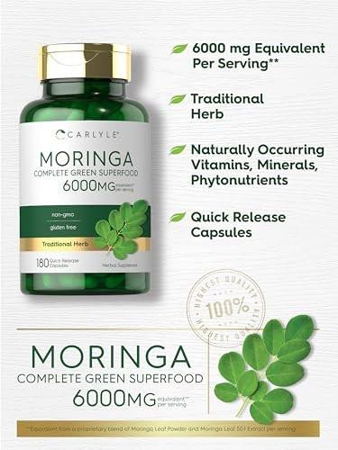 Carlyle Moringa Oleifera Kapseln | 180 Kapseln | Komplettes grünes Superfood für Frauen und Männer | aus Moringa-Blattpulver | Non-GMO und Glutenfrei