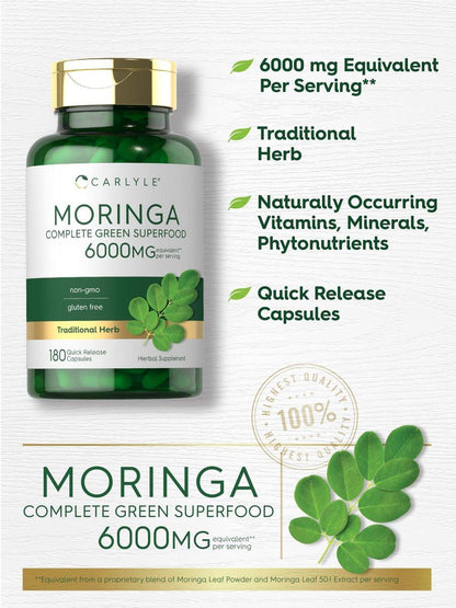 Carlyle Moringa Oleifera Kapseln | 180 Kapseln | Komplettes grünes Superfood für Frauen und Männer | aus Moringa-Blattpulver | Non-GMO und Glutenfrei