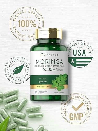 Carlyle Moringa Oleifera Kapseln | 180 Kapseln | Komplettes grünes Superfood für Frauen und Männer | aus Moringa-Blattpulver | Non-GMO und Glutenfrei