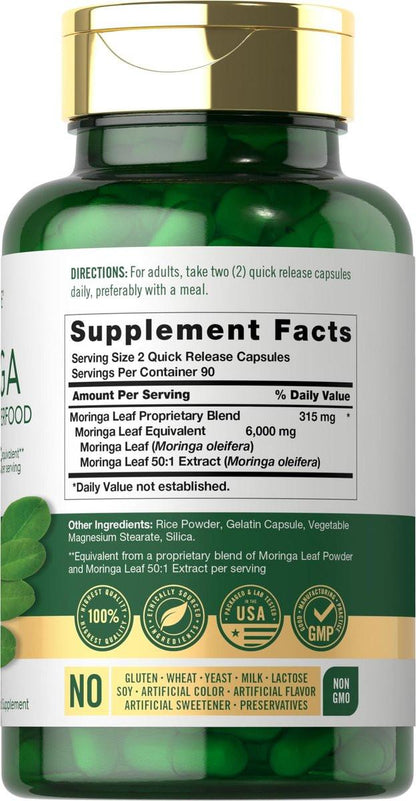 Carlyle Moringa Oleifera Kapseln | 180 Kapseln | Komplettes grünes Superfood für Frauen und Männer | aus Moringa-Blattpulver | Non-GMO und Glutenfrei