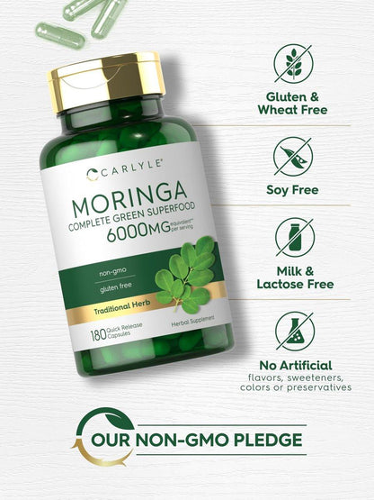 Carlyle Moringa Oleifera Kapseln | 180 Kapseln | Komplettes grünes Superfood für Frauen und Männer | aus Moringa-Blattpulver | Non-GMO und Glutenfrei