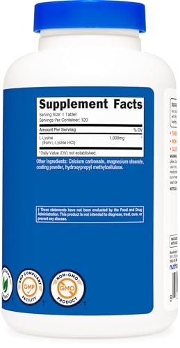 Nutricost L-Lysin 1000mg, 120 Tabletten – Glutenfrei, Nicht-GVO, Vegetariergeeignet