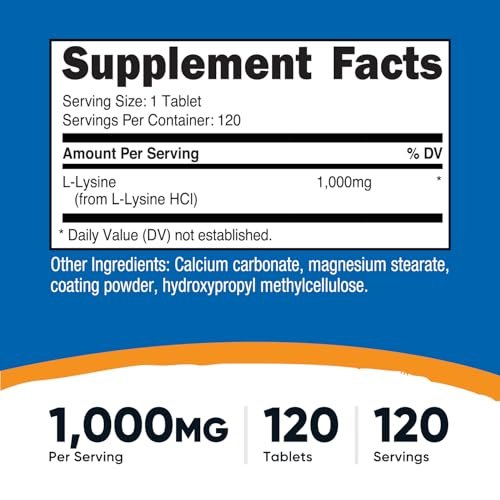 Nutricost L-Lysin 1000mg, 120 Tabletten – Glutenfrei, Nicht-GVO, Vegetariergeeignet