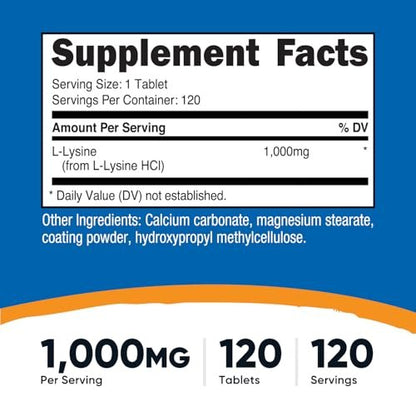 Nutricost L-Lysin 1000mg, 120 Tabletten – Glutenfrei, Nicht-GVO, Vegetariergeeignet