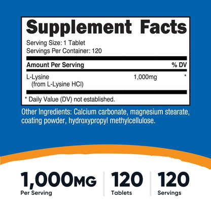 Nutricost L-Lysin 1000mg, 120 Tabletten – Glutenfrei, Nicht-GVO, Vegetariergeeignet