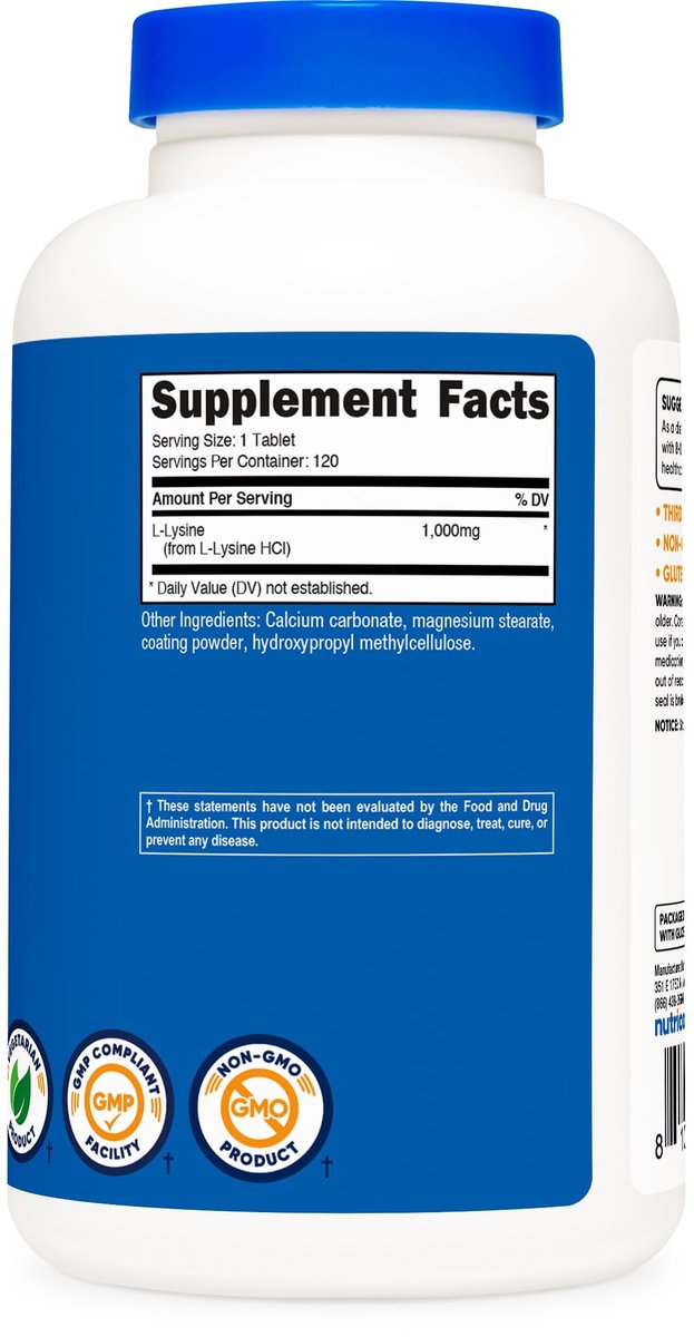 Nutricost L-Lysin 1000mg, 120 Tabletten – Glutenfrei, Nicht-GVO, Vegetariergeeignet