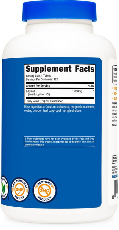 Nutricost L-Lysin 1000mg, 120 Tabletten – Glutenfrei, Nicht-GVO, Vegetariergeeignet