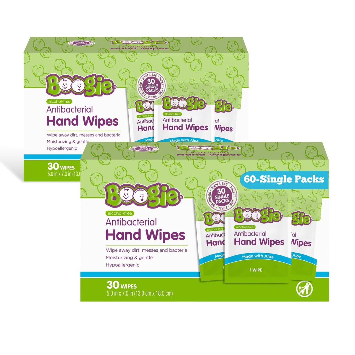 Boogie Antibakterielle Handtücher ohne Alkohol, hypoallergen mit feuchtigkeitsspendender Aloe, für Kinder und Erwachsene - 30 Tücher (2er-Pack)